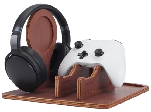 UNICRAFTALE Controller Halter Mit Kopfhörerständer Gaming Controller Ständer Aus Holz Indischrot Gamer Controller Halter Für Switch Headset Ständer Mit Aufbewahrungs Organizer 25x25x18cm