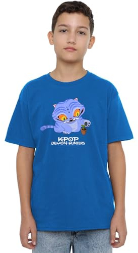 Kpop Demon Hunters Unisex Kids K-pop Demon Hunters - Cute Derpy Tiger Cartoon Kids T Shirt, Navy T-Shirt (Pack of 1)