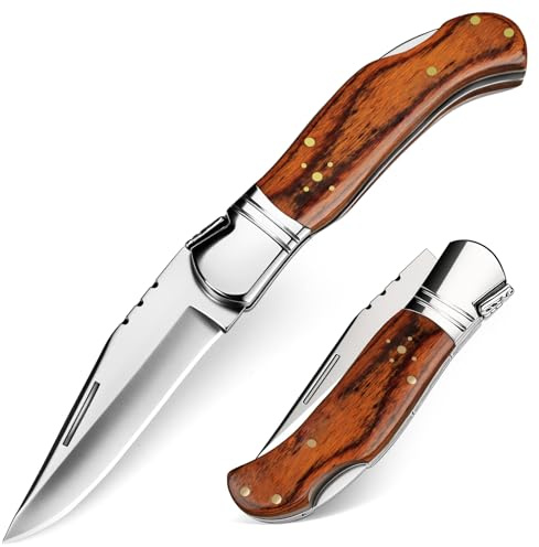 SPITZKANTE Couteau pliant QS-EMBER Couteau de poche en acier 420C avec verrouillage Lockback, poignée en bois de zébré, idéal pour le camping et les activités en plein air