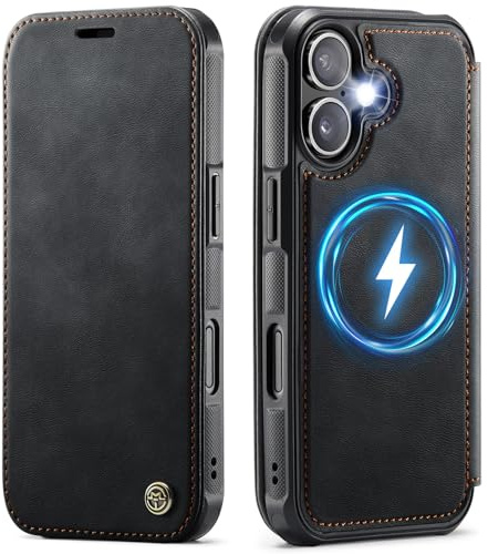 XYGLOW Handyhülle für iPhone 17 Hülle Kompatibel mit Magsafe, Premium PU Leder Kabelloses Laden Klapphülle Kartenfach RFID Schutz Ständer Magnetisch Schutzhülle Lederhülle für iPhone 17 - Schwarz
