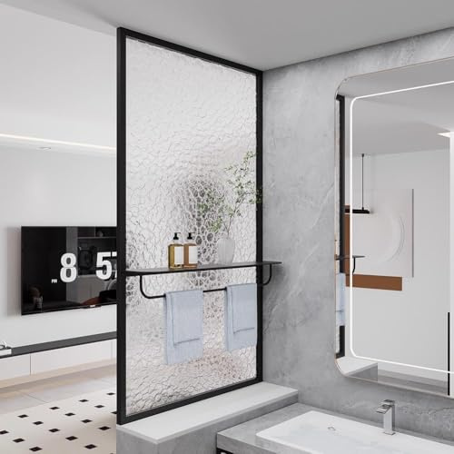 Artiz Begehbare Dusche Mit Transparenter Trennwand, Halbhohe Trennwand Für Den Eingangsbereich Badezimmer-Glastrennwand Mit Handtuchhalter Für Die Dekoration Von Zuhause, Büro(Black-A,60x80cm)