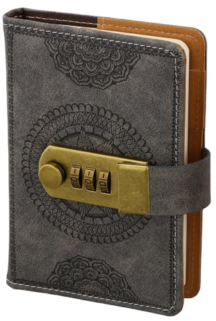 Dagbok med lås, journal i PU-läder med lås 240 sidor, vintage lås anteckningsbok A7 för studenter kvinnor män, bärbar minibokjournal för skola/studentboende/kontor/resor, 15 x 10 cm (grå)