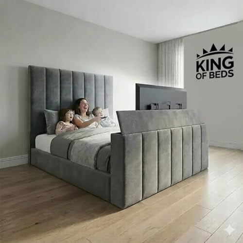 Luxury Velvet TV Bed Frame with Ottoman Storage, Electric TV Lift, Double/King/Super King Sizes, Modern Sleigh Design (Grey plush, 5ft king size with storage)