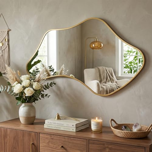 Fahomiss Espejo de Pared Asimétrico en Dorado/Negro – Espejo Abstracto con Marco de Aluminio Antirrotura y Forma Ondulada para Baño, Dormitorio, Vestidor y Entrada (Oro, 110l x 65an cm)