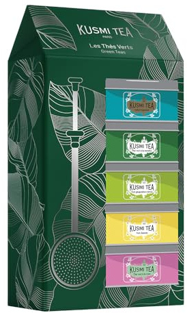 Kusmi Tea – Geschenkset Grüne Tees“ + Teezange – Bio-Tee-Sortiment – Geschenkidee für Damen und Herren – Grüner Tee mit Minze, Jasmin, Zitrone, Ingwer – 5 Dosen à 25 g