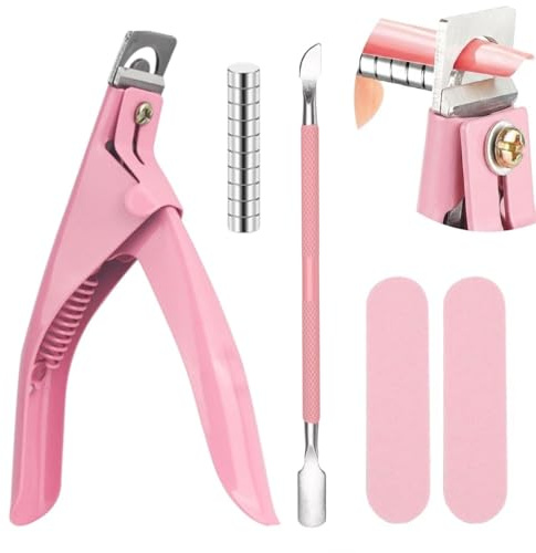 Acrylic Nail Clippers - Nail Tip Cutter for False Nails - Pink Manicure Tool Set with Nail File, Steel Pusher, 10Pcs Magnets for Gel Nails Extension Helper