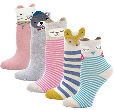 PUTUO Kinder Socken Bunt Gemustert Kleinkind Mädchen Socken aus Baumwolle Nette Karikatur Tier Socken, 5-7 Jahre, Tiermuster-5 Paare