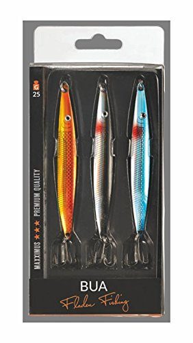 Fladen Maxximus BUA. 3-teiliges Blinker-Set für Lachs und Meerforelle, 3 Farbdekore, Rückseite Silber, Länge 10cm (16g) u. 11cm (25g) (16g)