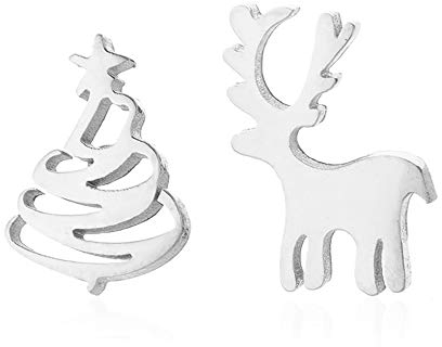 BlackAmazement 2er Set 316L Edelstahl Ohrstecker Ohrringe Tannenbaum Rentier Weihnachten X-Mas rose gold silber schwarz Damen (Silber)