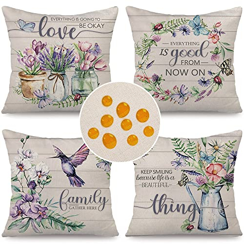 Cirzone wasserdichte Kissenbezug Frühling 4 Stück 45 x 45 cm Dekorative Outdoor Kissen Frühling Wasserfest Blumen und Vögel Kissenbezug Werden für Sofakissen Garten Outdoor