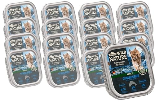 Dehner Wild Nature Katzenfutter Gebirgssee, Nassfutter getreidefrei / zuckerfrei, für ausgewachsene Katzen, Lachs / Forelle, 16 x 100 g Schale (1.6 kg)