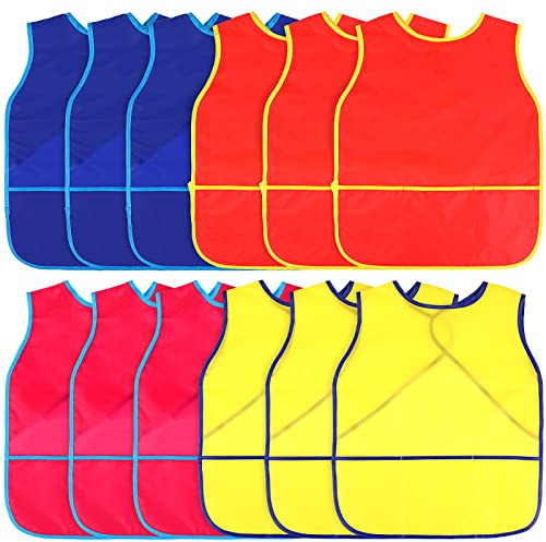 Juinipe 12 Pcs Art Smock for Kids Waterproof Painting Aprons Sleeveless Children with Pockets Age 3 to 8 Paint Craft Activity?Multicolor?