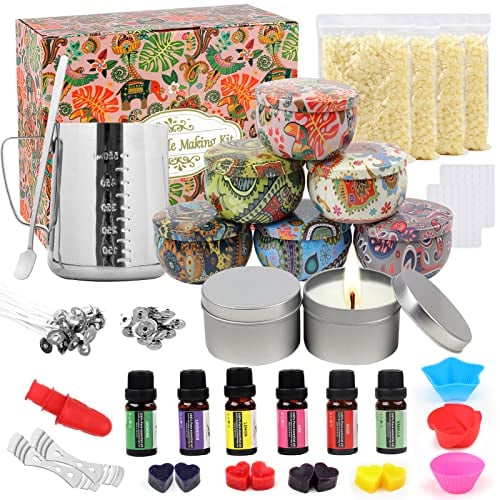 DIY Kerzenherstellung Kit I Kerzen selber Machen Set mit Sojawachs, Dose, Dochte, Dochthalter, Farbstoffe, Bienenwachs, Kerzenglas, Rührlöffel,Schmelztopf als Frauen Geschenk, Kindertag Geschenk