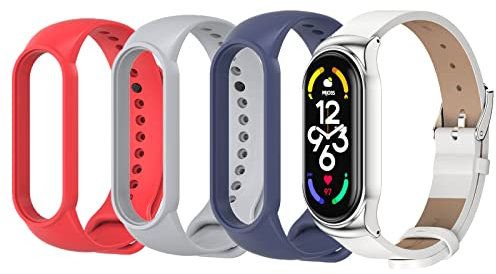 4 Stück Armband Kompatibel mit Mi Band 7, Leder Armband + 3 Stück Silikon Armbänder Uhrenarmband für Xiaomi Mi Band 7 Replacement Ersatzband (Rojo gris Azul Oscuro + Blanco,Band 7)