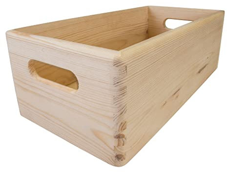 WooDeeDoo Wooden Oblong Storage Crate Box with Handles - 40x20x13cm - Lidless Bin Container for Pantry Shelf Kitchen Loft Garage Utility Organisation - Open Top Box Base Natural Finish