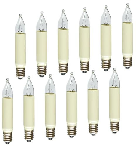 Erzgebirgslicht - AUSWAHL - 12 Stück Kleinschaftkerze 14V 3W E10 für 16-17 Brennstellen Ersatzbirne Glühbirne Minischaftkerze Glühlämpchen für Lichterketten Pyramide und Schwibbogen (keine LED!)