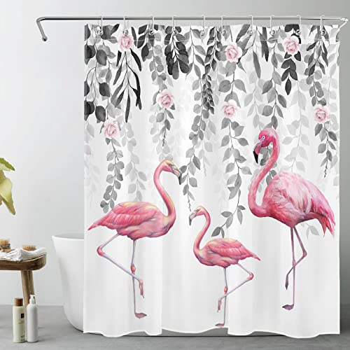 LB Rosa Flamingo Duschvorhang 120x175cm Graues Blatt Rosenblüte Antischimmel Wasserdicht Badezimmer Vorhänge, Naturpflanze Tropischer Vogel Extra Kurz Polyester Stoff Bad Vorhang mit Haken