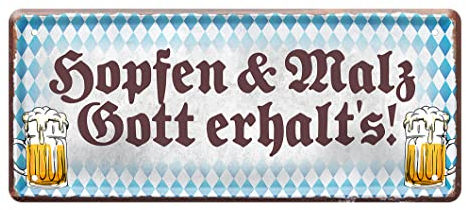 Hopfen und Malz Gott erhalt's - Retro Deko Bier Blechschild - Metallschild für Biertrinker - Geschenkidee für Männer - Dekoration Partyraum Kellerbar Pub Kneipe - Bar Zubehör - 28x12cm
