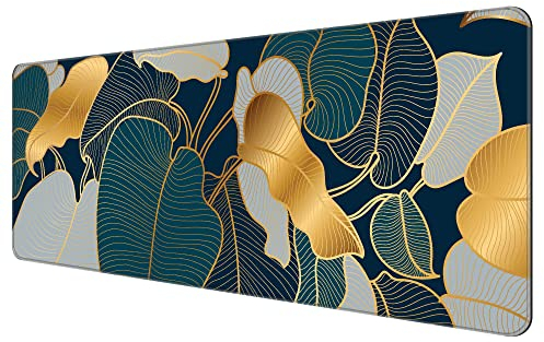 Dynippy Dünnes erweitertes Gaming-Mauspad (80x30x0.2 cm) mit genähten Kanten, großes Mauspad, lange XXL-Tastatur und Mauspad, Büro und Zuhause, goldene tropische Blätter