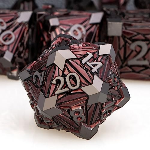 ORIFANTOU 7-teiliges DND-Würfel-Set aus Metall mit Box, Debris RPG rote D- und D-Würfel für die Verwendung mit D&D-Tischspielen, Rollenspiel, polyedrisches Würfel-Set D20, D12, D10, D8, D6, D4