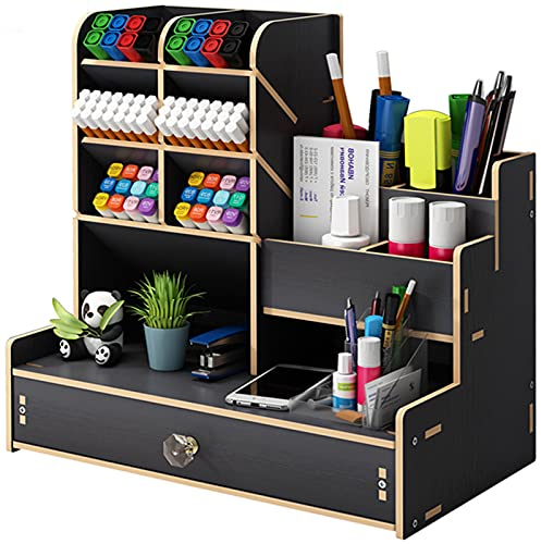 Marbrasse Wooden Desk Organiser,Pen Holer for Desk, Stationary Organiser,Desktop Storage Organizer Caddy(Black Wood)