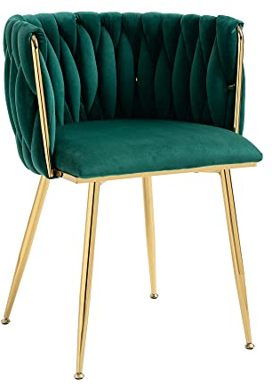 Samt Esszimmerstühle 2er Set, Stühle Esszimmer mit Armlehne,Küchenstühle mit handgeflochtenen Rückenlehne, Schminktisch Stuhl mit Goldene Metallbeine, Sessel für Küche, Wohnzimmer, Büro,Smaragd