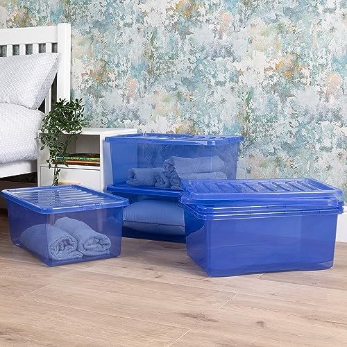 Wham Crystal 5x 45L Plastic Storage Boxes with Lids Tint Spectrum Blue. Medium Size, Strong (Pack of 5, 45 Litre). Made in the UK