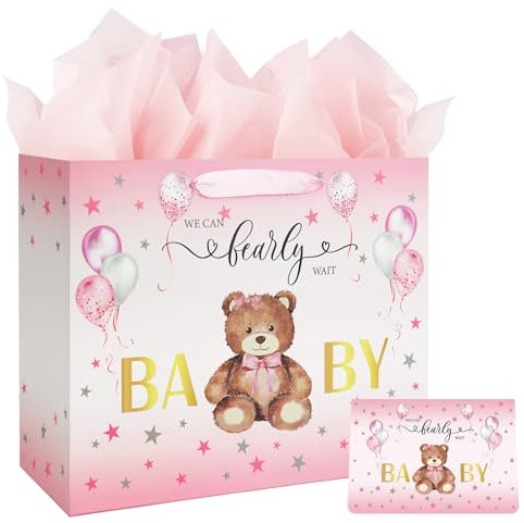 Grande borsa regalo di compleanno per baby shower, 33 cm, con carta velina e biglietto, motivo orso, palloncini rosa, con manici