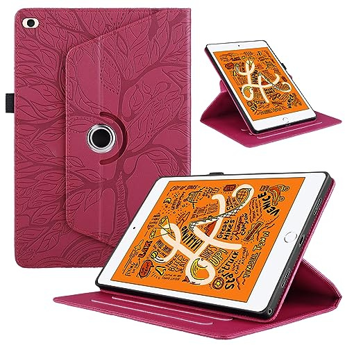 TEDTIKJT Tabletas Funda Compatible iPad Mini 5 2019/ Mini 4/3/2/1 PU Cuero Flip Protectora Cover iPad Mini 5 7.9 360°Carcasa Giratoria de Soporte ángulo Múltiple con Auto-Sueño/Estela,Rojo Árboles