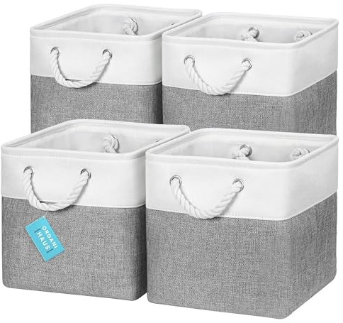 OrganiHaus 28x28 Cube Storage Bins Set of 4, Fabric Cube Baskets for Storage Shelves, Foldable Storage Cubes for Kallax Organizer Cube Bins w Rope Handles, Cubby Bins for Nursery Decor, Grey/White