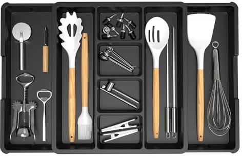 KreuRaxy Expandable Utensil Cutlery Insert Organiser Tray for Kitchen Drawer – 13 to 22.8 Inch Adjustable Silverware Flatware Organizer with 2 Divider, Perfect for Large Spatula Spoon Tools, Black
