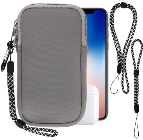 Handytasche für Smartphones, Universelle Neopren Handy Hülle Handy Tasche Hülle Cover Case Schutzhülle mit Karabiner und Umhängeband für Iphone 14 15 16 Samsung,Passend für Telefone bis zu 7 Zoll,Grau