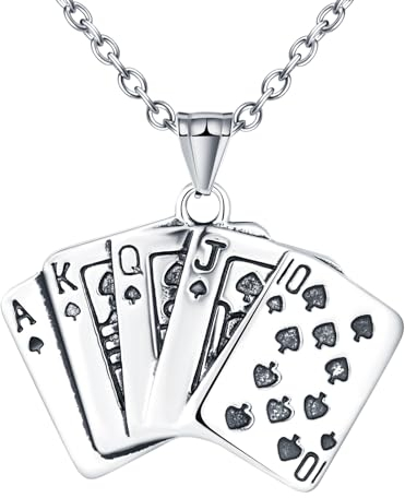 INFINIONLY Kreative Herren Edelstahl Poker Halskette Personalisierter Punk Style Ketten mit Anhänger mit 55CM Kette Fashion Jungen Teenager Dekoration Spielkarten Flush Anhänger 4,5X4,9cm