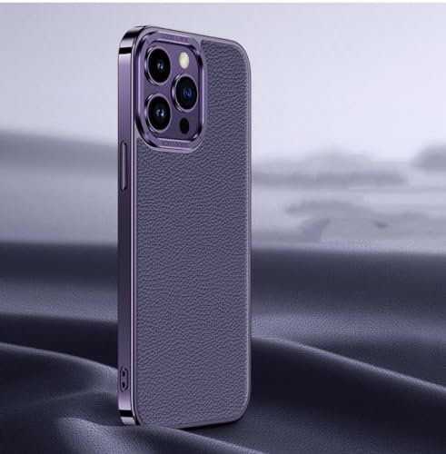 HUUMAGIC Custodia per telefono in vera pelle di lusso per iPhone 14 13 12 Pro Max Cornice placcata Protezione per lenti in metallo Cover morbida in vera pelle, Viola, Per iPhone 14 ProMax