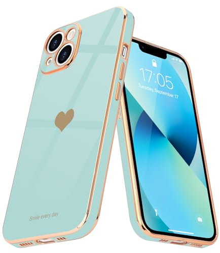 Teageo for iPhone 13 Case Cute Heart Pattern for Women Girls Slim Luxury Bling Plating Soft TPU Anti-Scratch Shockproof Bumper Phone Case for iPhone 13, Pearl Aqua