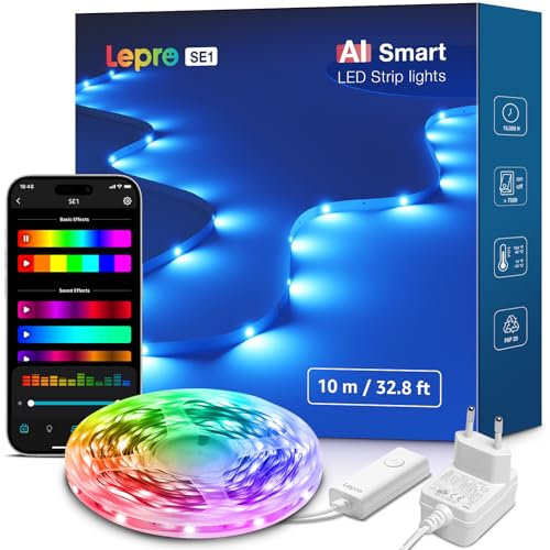 Lepro AI LED Streifen SE1, 10M Smart LED Strip RGB mit App-Sprachbefehle, Musik Sync, KI-Lichtdesign-Assistent, kompatibel mit Alexa&Google Assistant, für Party/Zuhause, Keine Fernbedienung