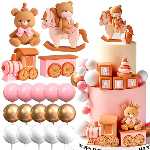 Luxury Pink Balls Bear Cake Decoration Bear Baby Shower Cake Topper Bears Train Cake Decoration Baby Shower Birthday Cake Decorations