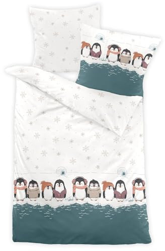Dormisette Feinbiber Bettwäsche Pinguine Petrol 1 Bettbezug 135 x 200 cm + 1 Kissenbezug 80 x 80 cm