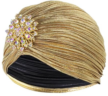 Meleager Damen Turban Hut mit Kristall Brosche,20er Jahre Hut Exotisch Glitzer Elastische, 1920s Damen Fasching Kostüm Accessoires(Gold)