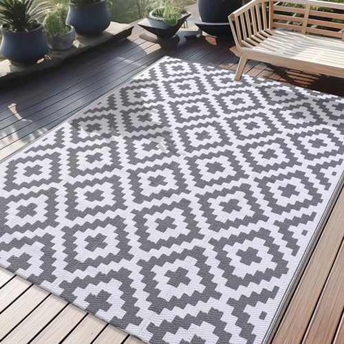 Homaxy Waterproof Outdoor Rug, Anti-slip Reversible Plastic Straw Garden Rugs, Easy Cleaning Carpet Patio Area Rugs for Camping, Deck, Beach, Picnic, Backyard (150 x 240 cm, Grey & White)