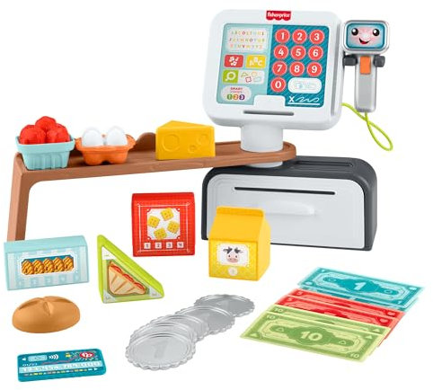 Fisher-Price Lernspielzeug für Kleinkinder Lernspaß Meine erste Spielkasse, Kaufladen mit 20 Teilen für Kinder ab 2 Jahren, mehrsprachige Version, JGW97