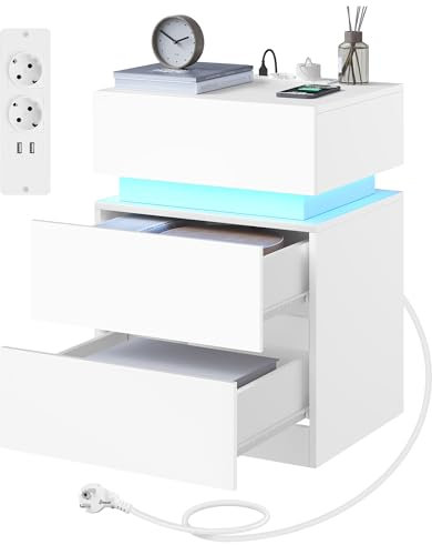 WOLTU Mesita Noche con Estación Carga, Mesa Auxiliar con Luz LED, 2 Cajones, 2 Puertos y 2 Enchufes, Mesilla para Dormitorio y Sofa, Blanco, NTS23ws