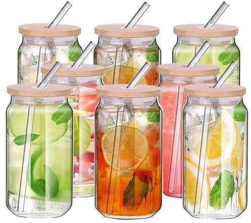 Hniuyun 480ml Can Shaped Glass Cups Set, Drinking Glasses with Bamboo Lids and Glass Straw, Beer Glasses, Iced Coffee Glasses, Clear Cute Tumbler Cup, Ideal for Cocktail, Coke, Soda