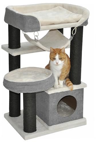 nanook Kratzbaum Katzenkratzbaum - extragroße Liegefläche - gemütliche Kuschelhöhle - Schwarze Kratzstämme - 90 x 49 x 40 cm - grau beige