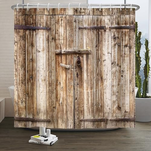 Xiaoterna Rideau de Douche Rustique Vintage Rideau de Bain Porte de Grange Marron Vintage Porte en Bois Imperméable à l'eau Rideau de Douche Lavable et résistant à la moisissure 180x240cm