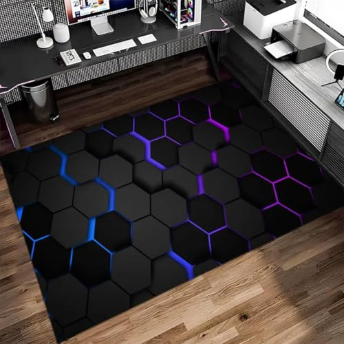 PEIHUODAN Neon Geometrie Linie Gaming Teppich Schlafzimmer Teenager Jungen Kinds Abstrakt Videospiele Flanell Bereich Teppich rutschfest E-Sport Teppich für Spielzimmer Dekorativer Carpet, 160x230 cm