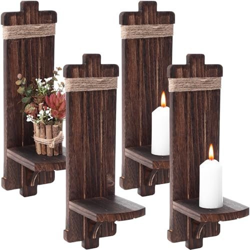 Weysat 4 Sets Rustic Wall Decor Candle Sconces with Mason Jar Flower Holders Vintage Farmhouse Handmade Wooden Wall Mount Candleholders for Bedroom Living Room Art Decorations Accessories Gifts, Brown