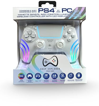 DEEP EXPLORER Manette sans fil LED RGB Couleur Blanc – Compatible PS4 & PC