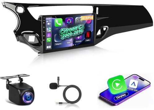 NHOPEEW 2G+64G Android Autoradio per Citroën C3 2009-2016 - Senza fili Carplay e Android Auto - 9 pollici Stereo con WiFi GPS FM RDS + Telecamera posteriore&Mic