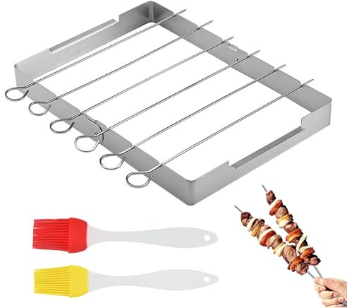 Barbecue Skewers and Rack Set, Stainless Steel Barbecue Rack with 2 Oil Brush, Reusable BBQ Skewer Set for BBQ Parties Meat Vegetables